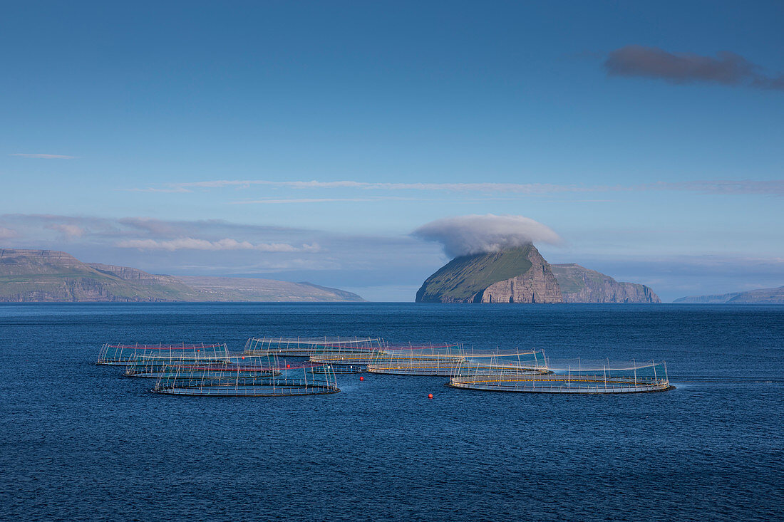Fischfarm vor Insel Koltur bei Sonnenschein, Färöer Inseln