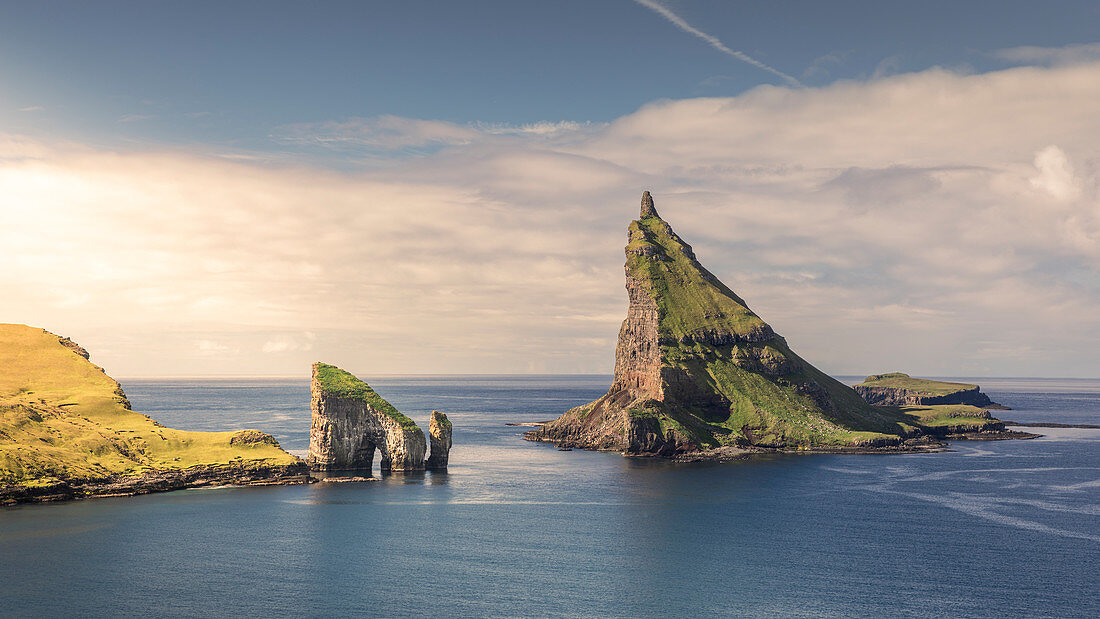 Drangarnier rock formations and Tindholmur island on Vagar, Faroe Islands
