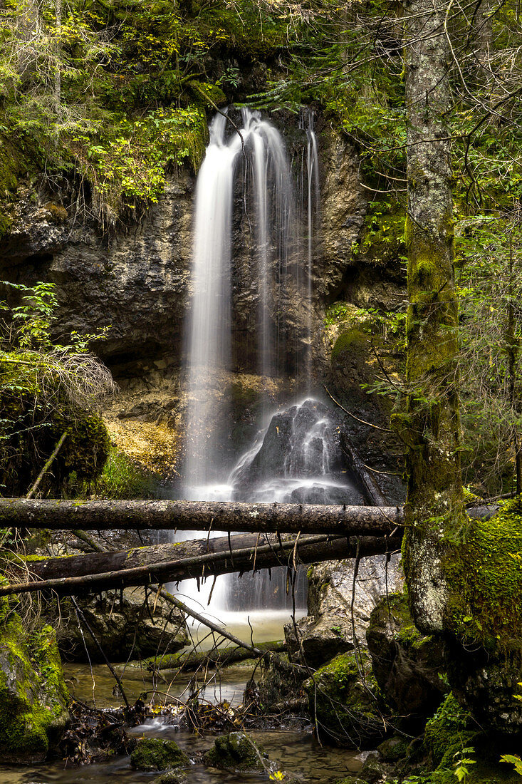 Waterfall in Schwarzenbachtal, Mangfall Mountains, Kreuth Municipality, Bavaria, Germany