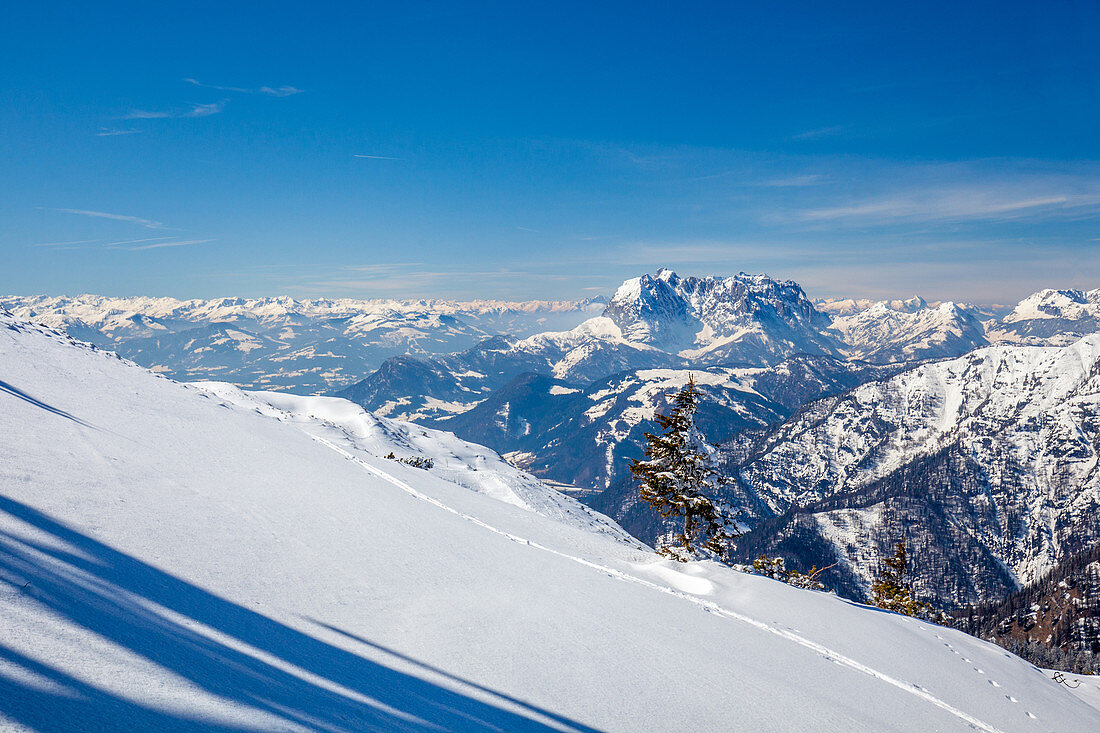 Panoramablick in die Tiroler Alpen und dem Kaisergebirge auf der Steinplatte im Winter, Tirol, Pillerseetal, Österreich