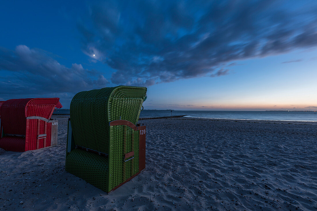 Beach chairs in the evening, Foehr Island, North Frisia, Germany
