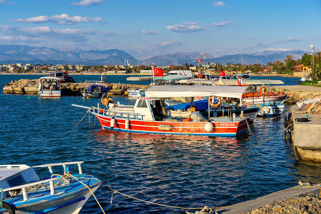 Fishing boats in the harbor of Side, Turkish Riviera, Turkey, Western Asia