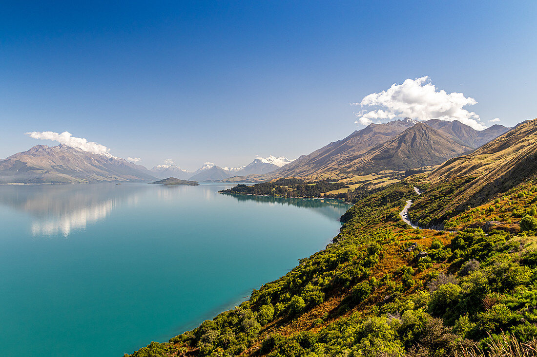 Elevated view over the snowcapped mountains and water of Lake Wakatipu at Queenstown