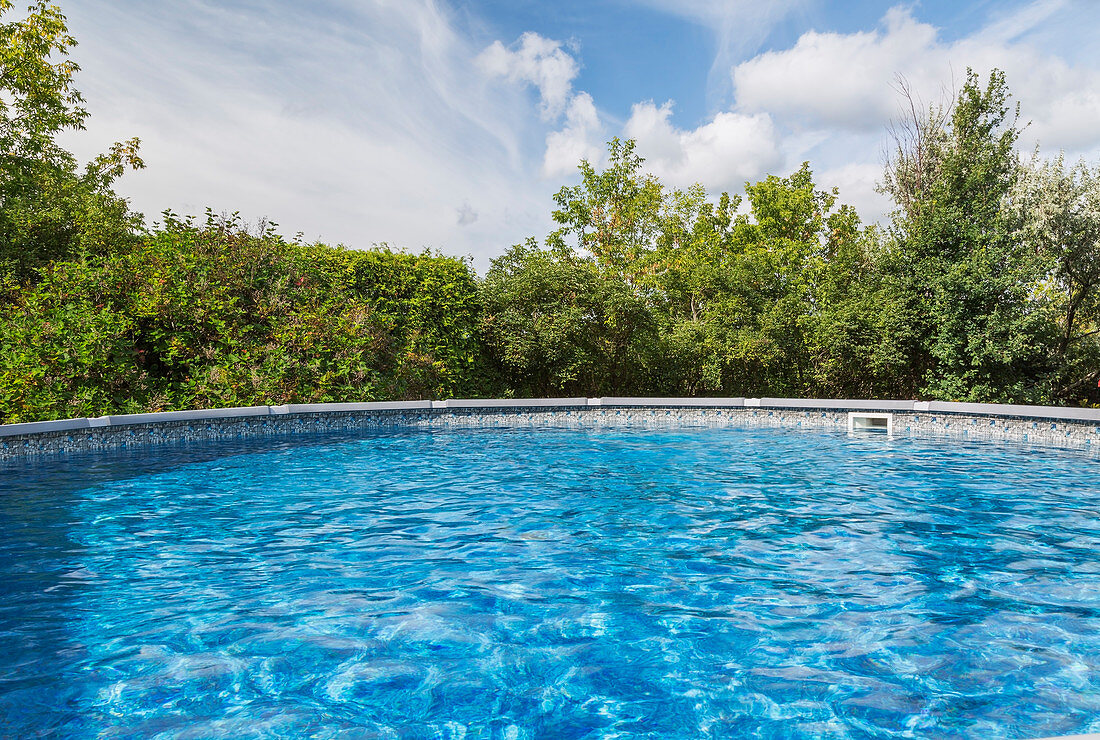 Outdoor pool surrounded by deciduous trees in residential backyard.