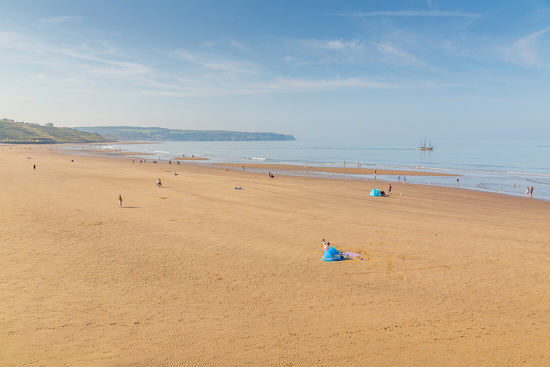 View of Whitby Beach on a sunny day, Whitby, Yorkshire, England, United Kingdom, Europe