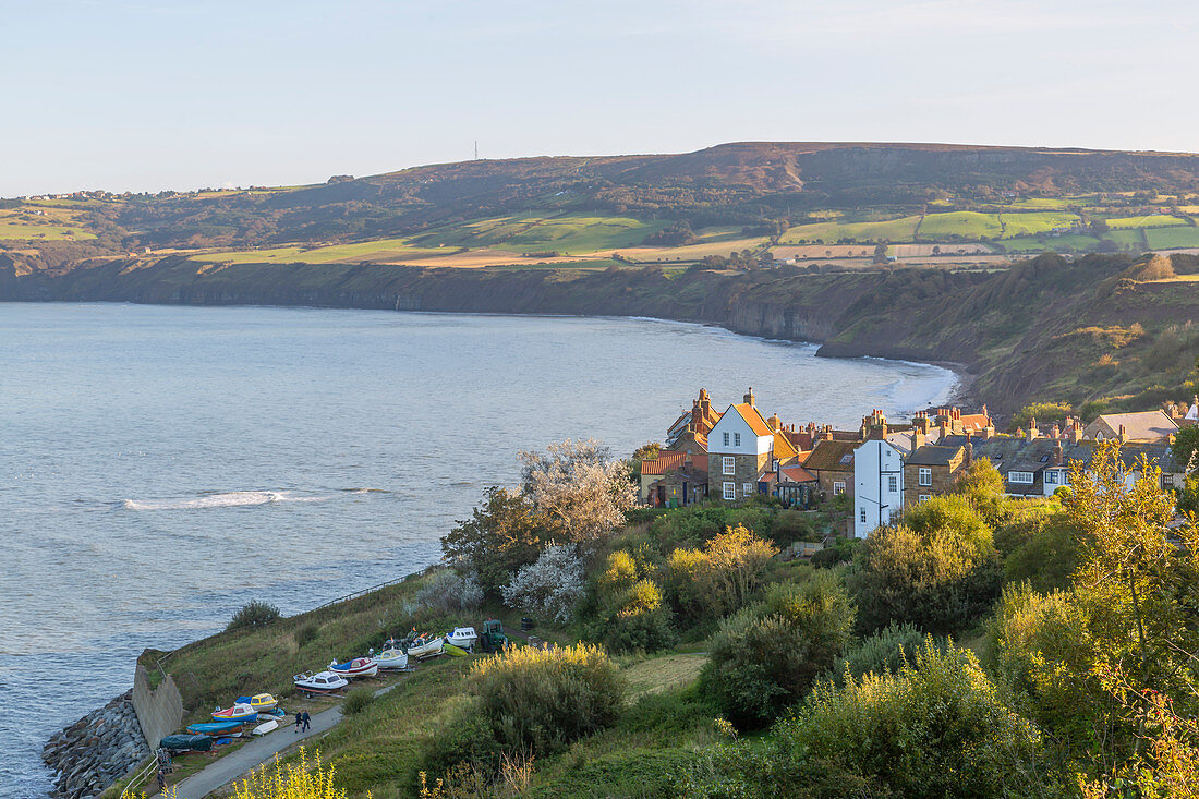 Panoramic view of old fishing village in Robin Hood's Bay, North Yorkshire, England, United Kingdom, Europe