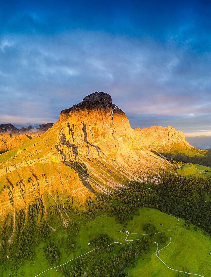 Aerial view of Sass De Putia (Peitlerkofel) at dawn in summer, Passo Delle Erbe, Puez-Odle, Dolomites, South Tyrol, Italy, Europe