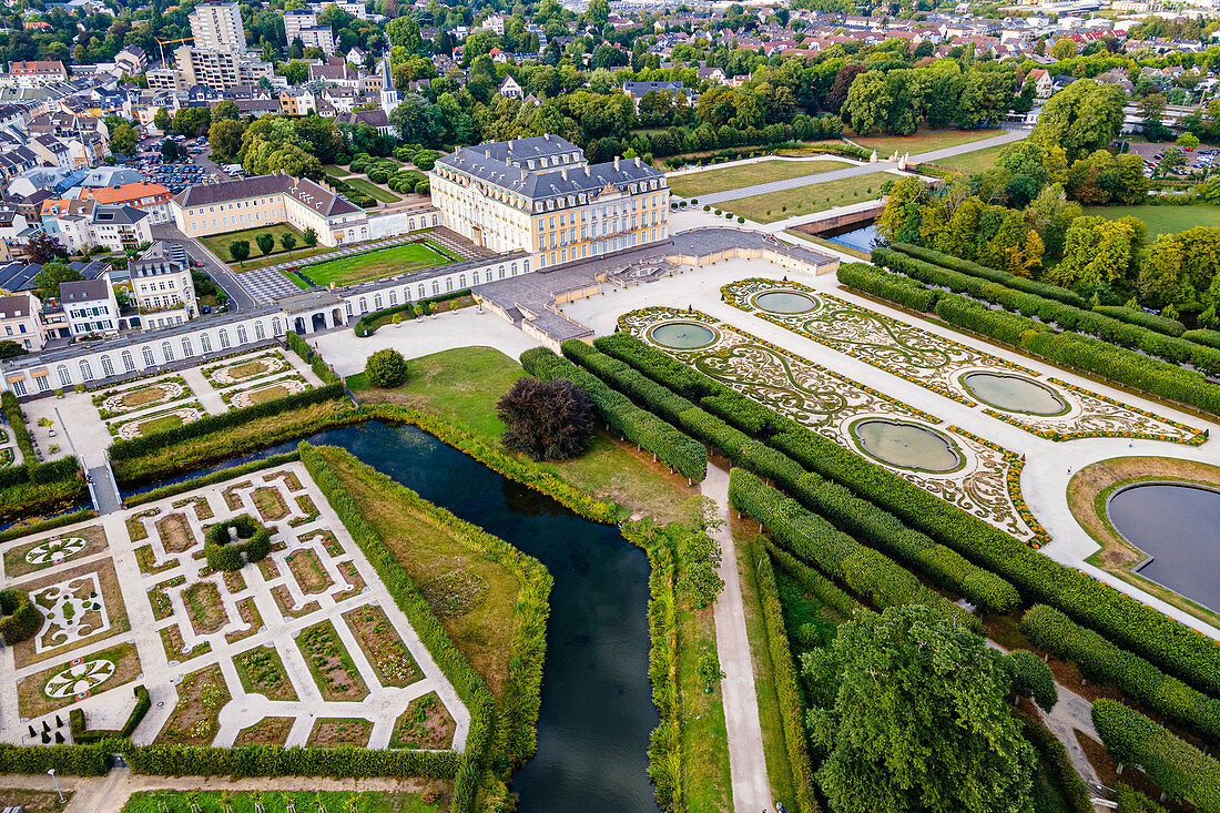 Aerial of Augustusburg Palace, UNESCO World Heritage Site, Bruhl, North Rhine-Westphalia, Germany, Europe