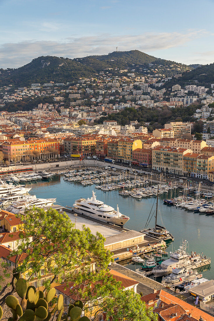 Blick von einem Aussichtspunkt auf dem Burgberg hinunter nach Port Lympia, Nizza, Alpes Maritimes, Côte d'Azur, Französische Riviera, Provence, Frankreich, Mittelmeer, Europa