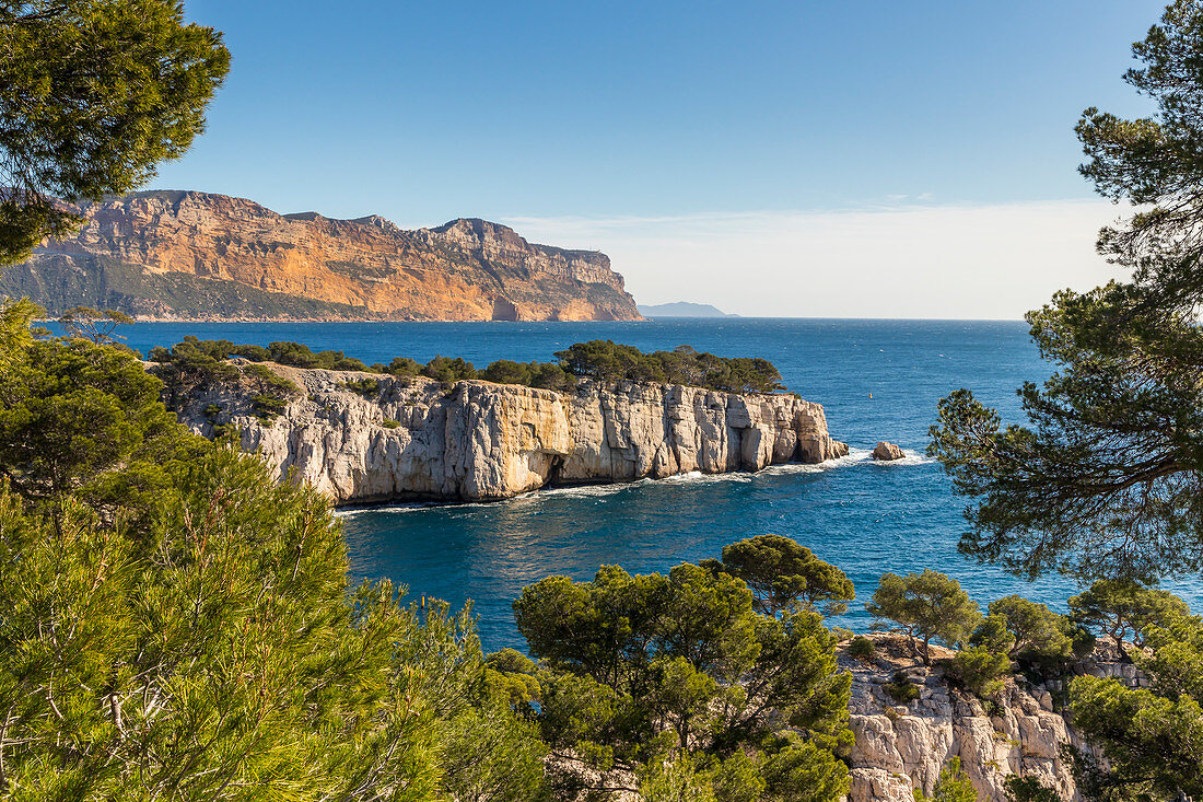 Blick über den Calanque de Port Pin und Cap Canaille, den Calanques-Nationalpark, Cassis, Bouches du Rhone, Provence, Frankreich, Mittelmeer, Europa