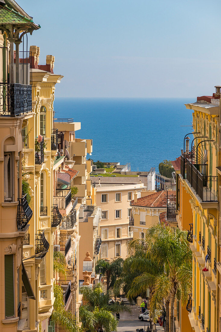 View from Beausoleil down to the historical buildings of the Monte Carlo quarter, Monaco, Cote d'Azur, French Riviera, Mediterranean, Europe