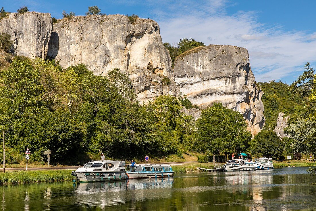 SAUSSOIS ROCK, LIMESTONE CLIFF 60 METERS HIGH, THE REMAINS OF A CORAL REEF OVERLOOKING THE NIVERNAIS CANAL, MERRY SUR YONNE, YONNE, BURGUNDY, FRANCE