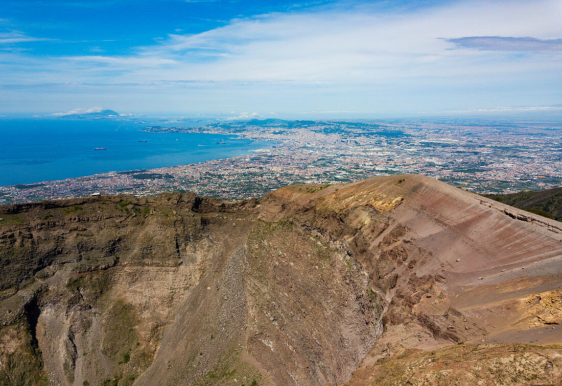 Aerial view of Mount Vesuvius crater with the Bay of Naples behind, Campania, Italy, Europe