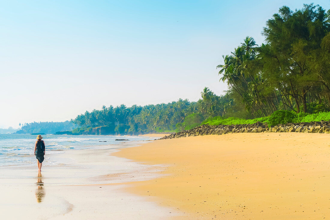 Alleinreisender am schönen palmengesäumten Kizhunna-Strand, südlich von Kannur an Keralas Nordküste, Kizhunna, Kannur, Kerala, Indien, Asien