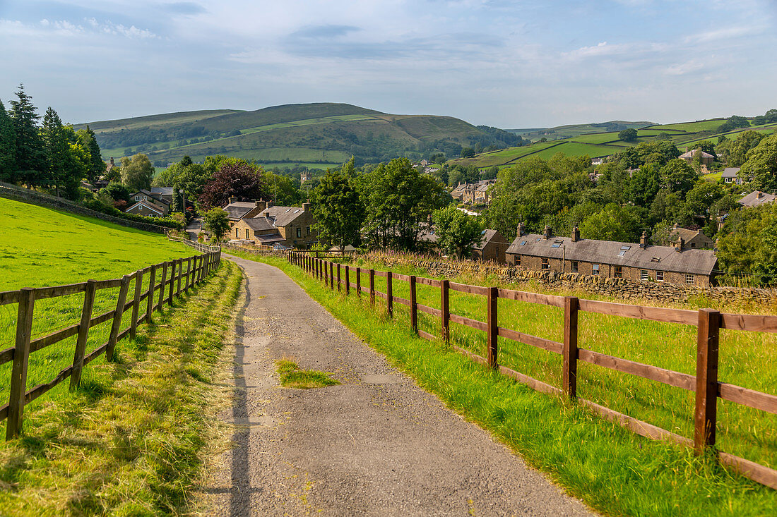 View of Hayfield including St. Mathews Church and hills surrounding village, High Peak, Derbyshire, England, United Kingdom, Europe