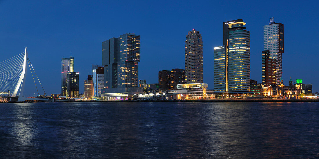 Fluss Nieuwe Maas, Erasmus-Brücke und Skyline, Rotterdam, Südholland, Niederlande, Europa