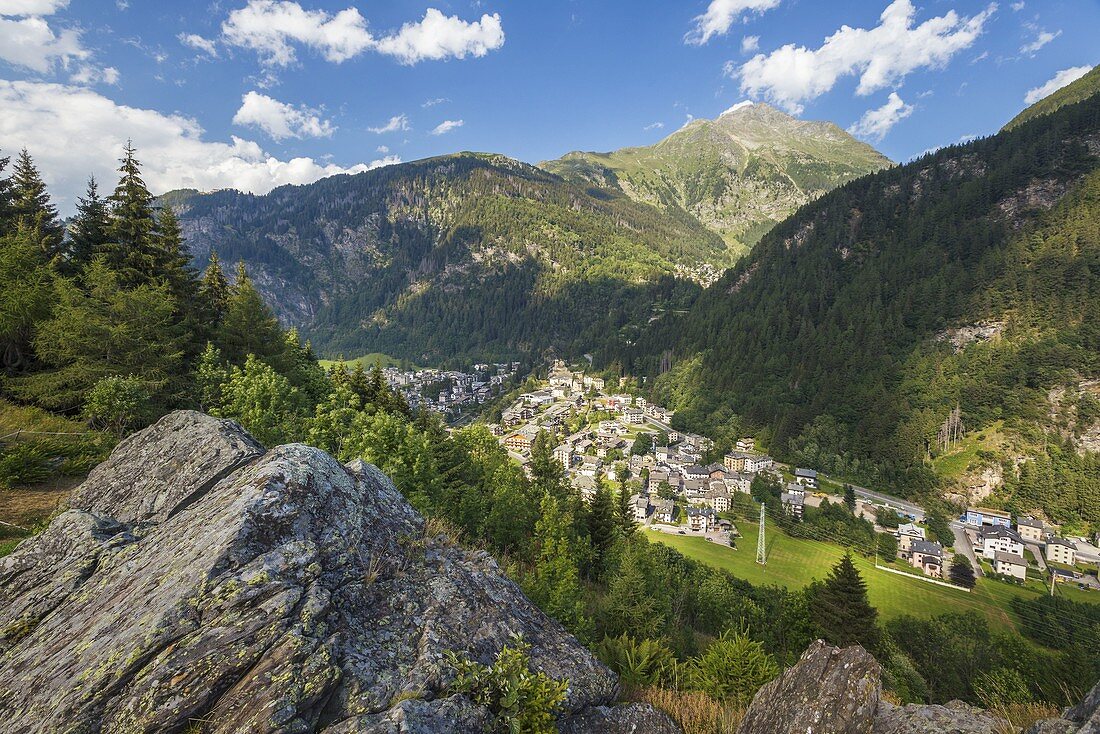 A view of Campodolcino village from Alpe Zanon, Sondrio province, Spluga valley, Lombardy, Italy, Europe