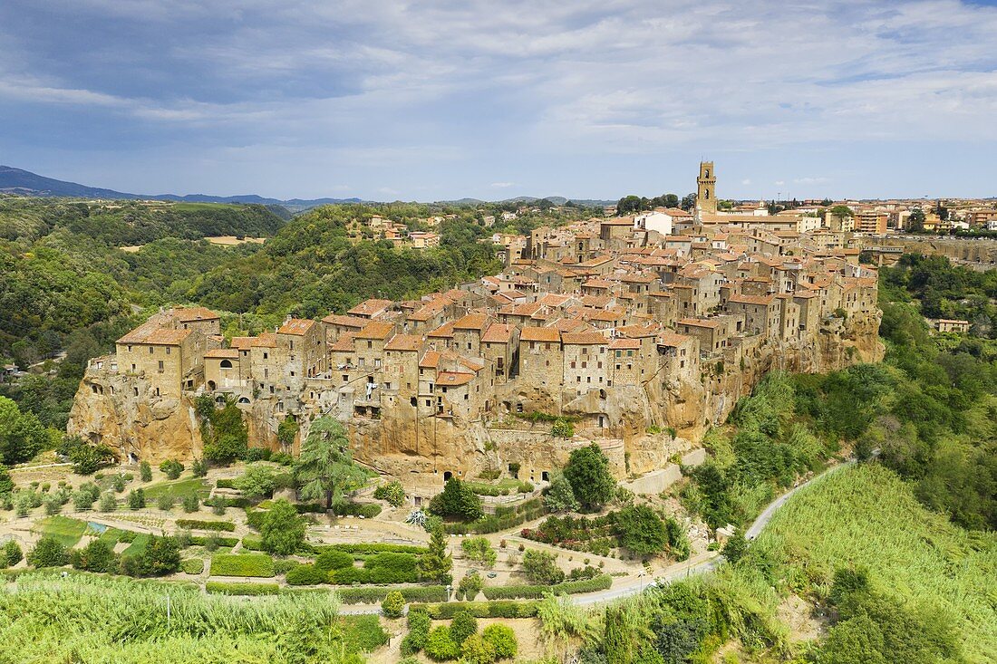 aerial view taken by drone of old village of Pitigliano in summer time, Grosseto province, Tuscany district, Italy, Europe