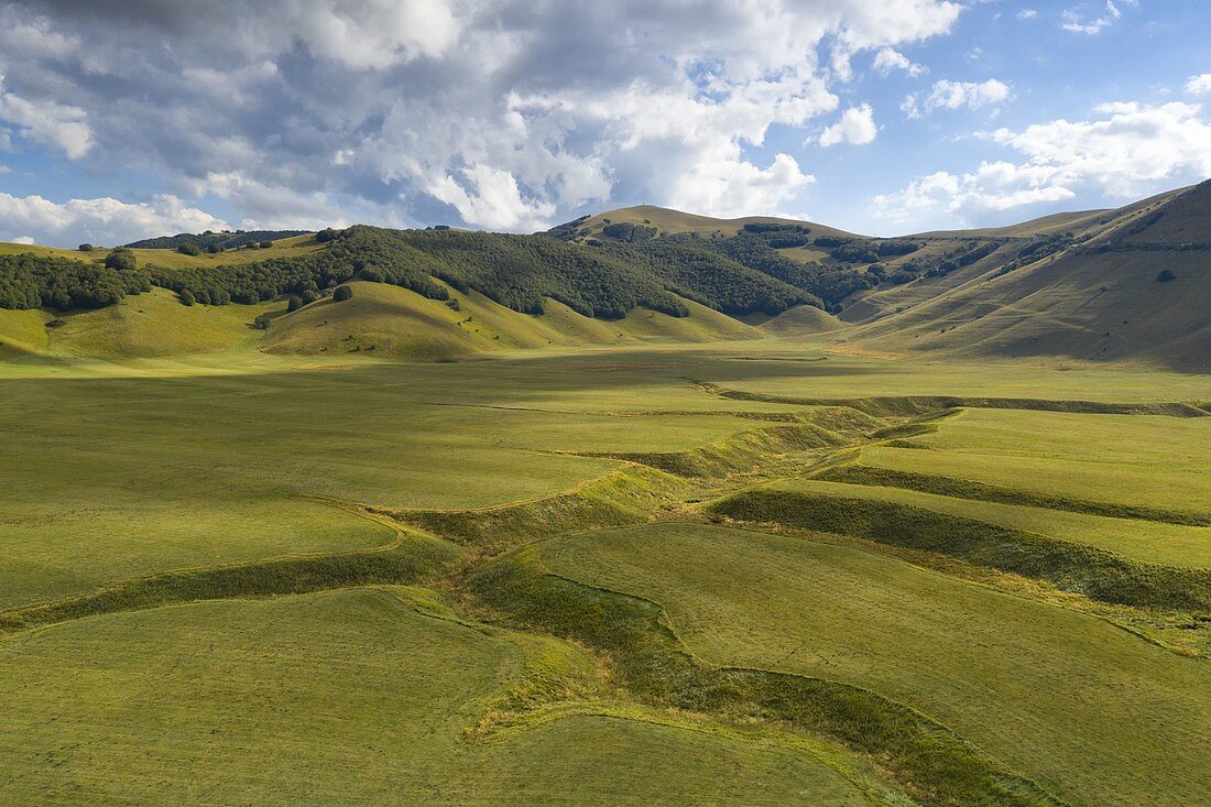 Luftaufnahme des Fosso dei Mergani während eines Sommertages, Berg Sibillini, Castelluccio di Norcia, Gemeinde Norcia, Provinz Perugia, Bezirk Umbrien, Italien, Europa