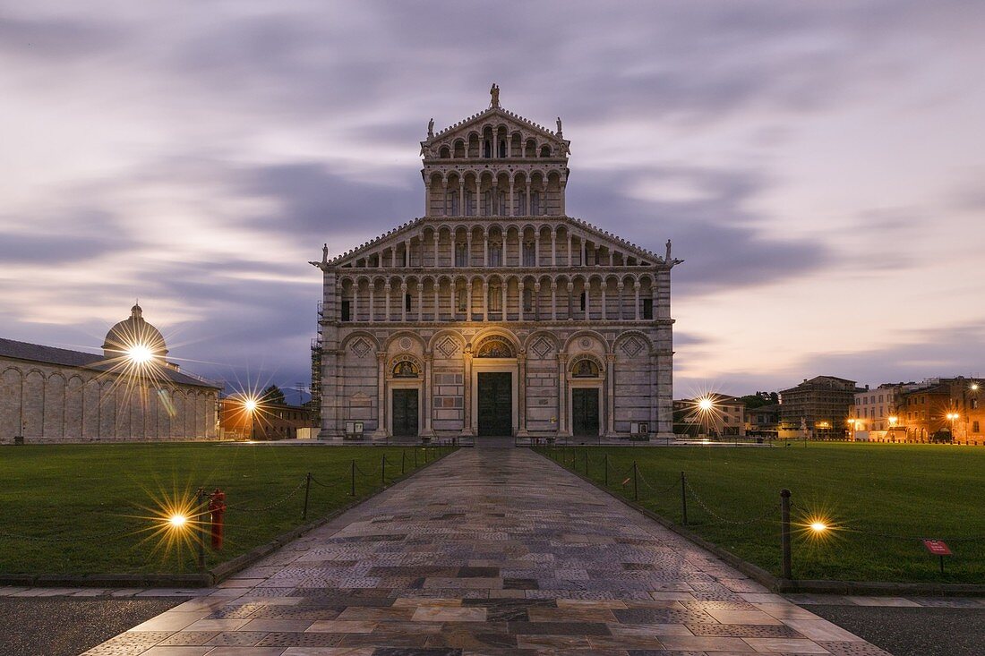 the extraordinary cathedral of Pisa photographed on a coloured summer sunrise, Unesco World Heritage Site, municipality of Pisa, Pisa province, Tuscany district, Italy, Europe