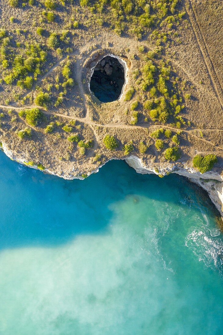 aerial view of the Grotta Sfondata, located along the Adriatic coast near Otranto, municipality of Otranto, Lecce province, Apulia district, Italy, Europe