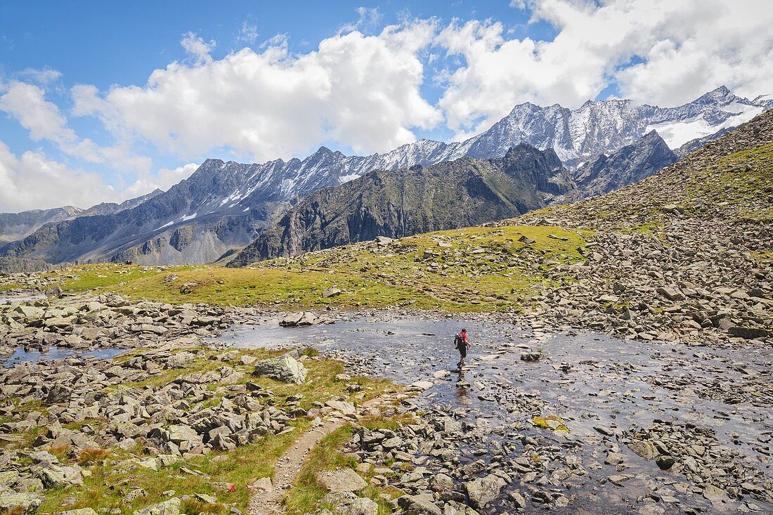 Ein Mann, der durch Rinnenkarbach mit der Sommerwand und den Stubaier Alpen im Hintergrund, Neustift, Innsbruck Land, Tirol, Österreich, Europa wandert