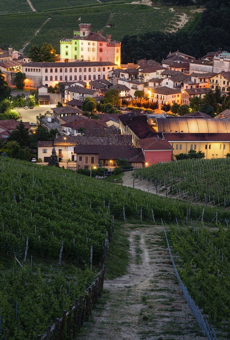 Barolo Castle durch die Weinberge mit der italienischen Flagge in der Abenddämmerung, Barolo, Piemont, Italien gefärbt