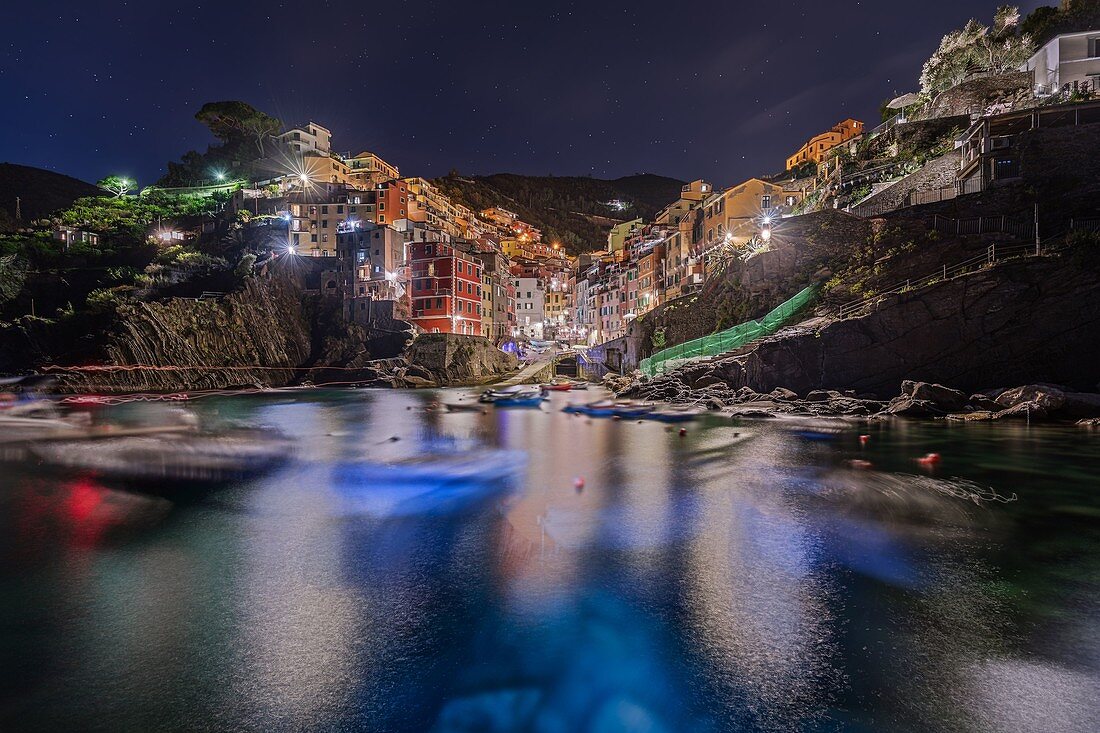 Night on the village of Riomaggiore, Cinque Terre, municipality of Riomaggiore, La Spezia provence, Liguria, Italy, Europe
