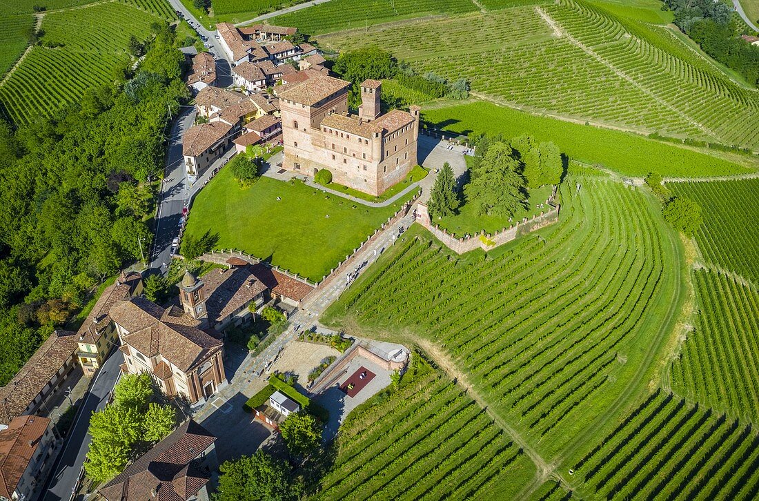 Luftaufnahme des mittelalterlichen Castello di Grinzane Cavour. Grinzane Cavour, Langhe, Piemont, Italien, Europa.