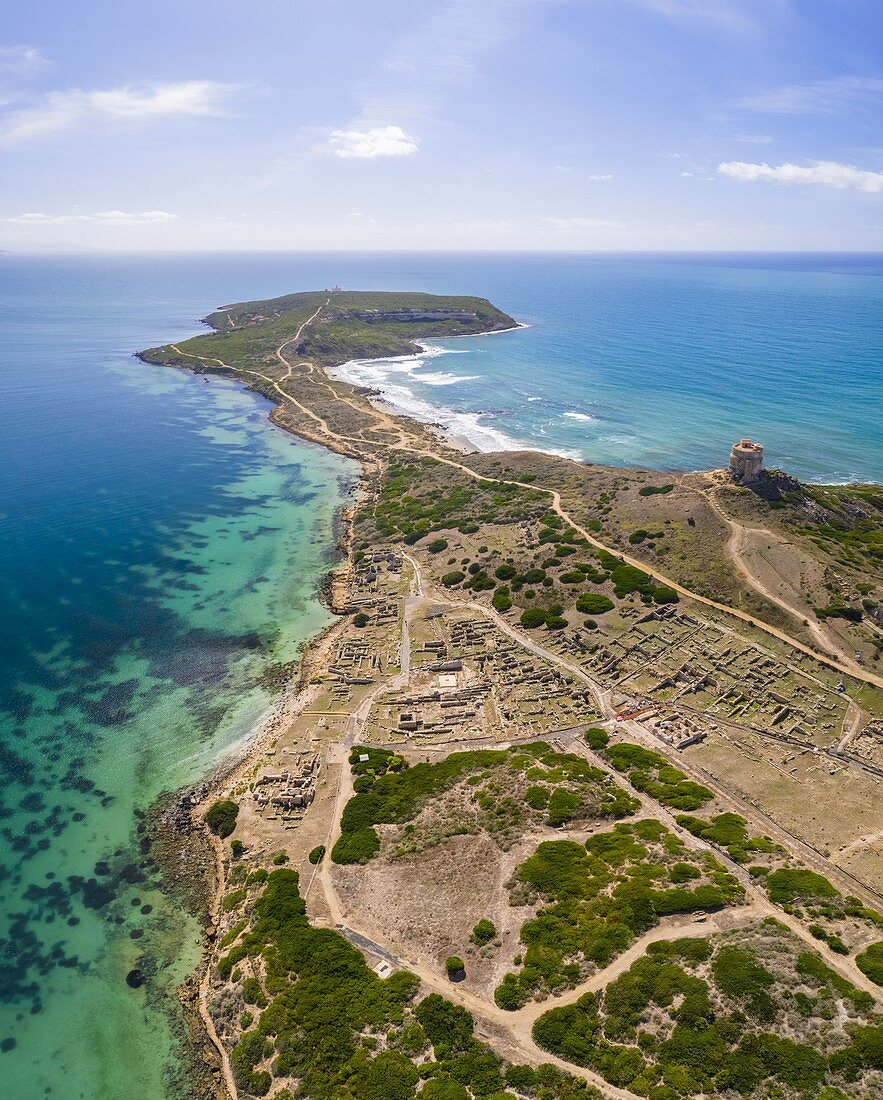 Aerial view of the ruins fo the ancient Phoenician city of Tharros, Capo San Marco, Sinis peninsula, Cabras, Oristano province, Sardinia, Italy.