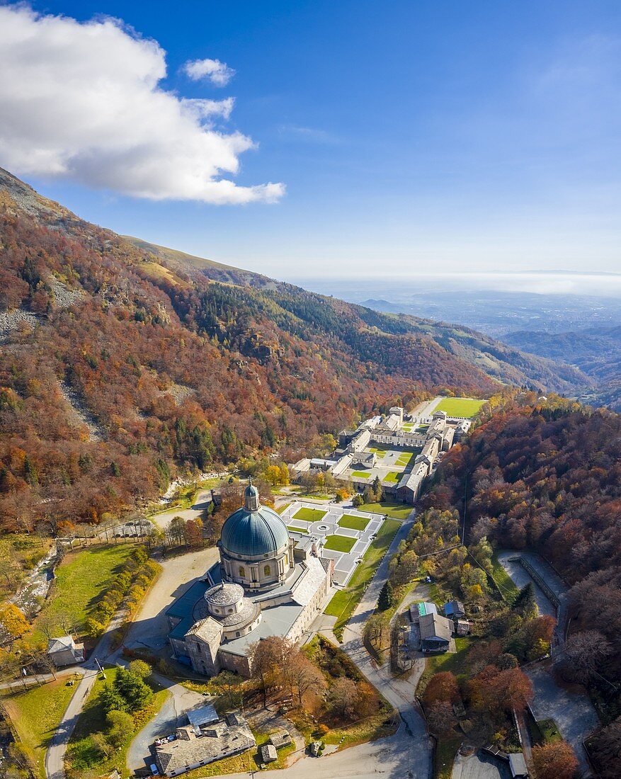 Aerial view of the dome of the upper basilica of the Sanctuary of Oropa in autumn, Biella, Biella district, Piedmont, Italy, Europe.