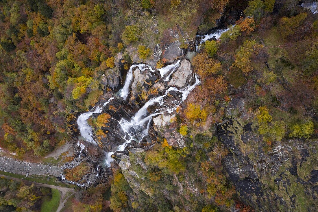 Aerial view of the Acquafraggia waterfalls in autumn. Piuro, Valchiavenna, Valtellina, Lombardy, Italy, Europe.
