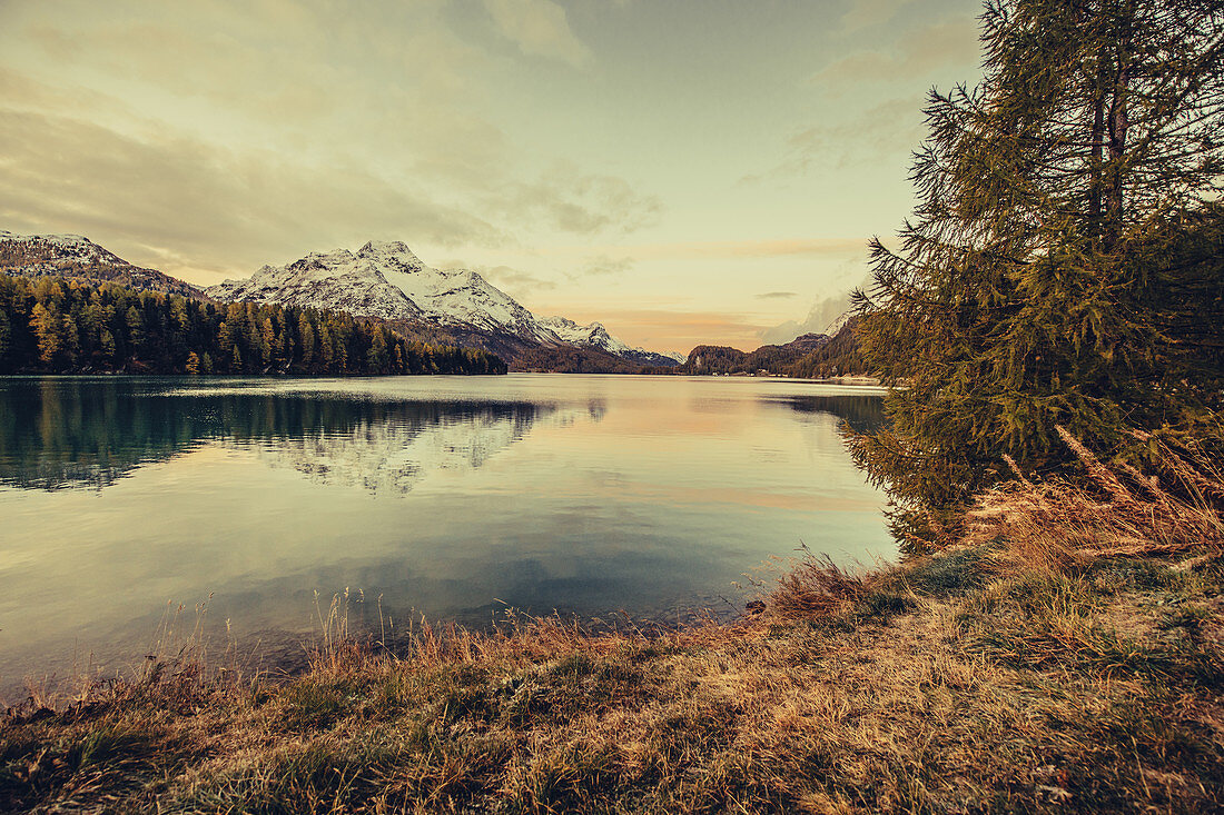 Sonnenaufgang am Silsersee, Engadin, Graubünden, Schweiz, Europa