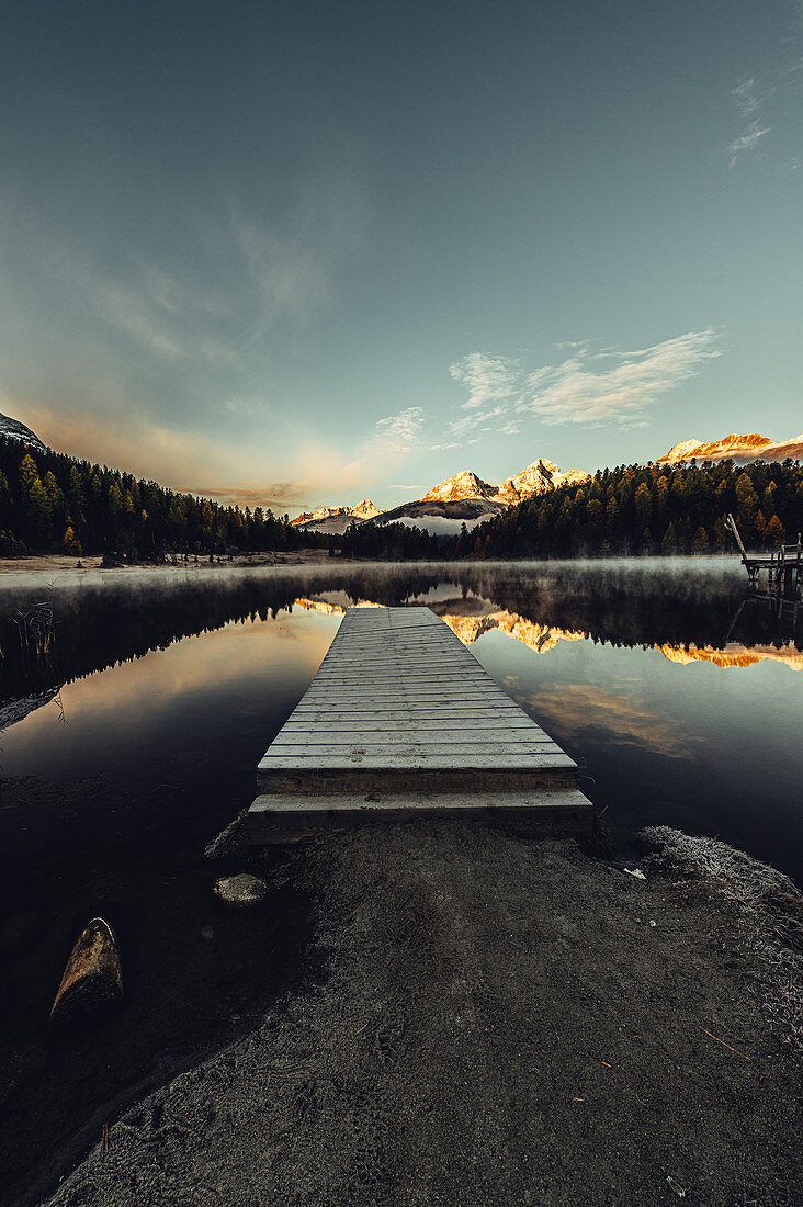 Jetty on Lake Staz, Engadin, Grisons, Switzerland, Europe