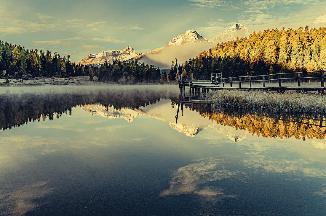 Morning mood at Lake Staz, Engadin, Graubünden, Switzerland, Europe;