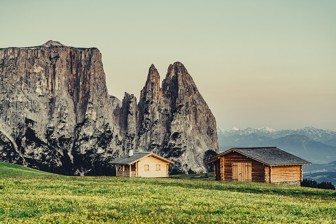 Sunrise on the Seiser Alm in South Tyrol, Italy, Europe;