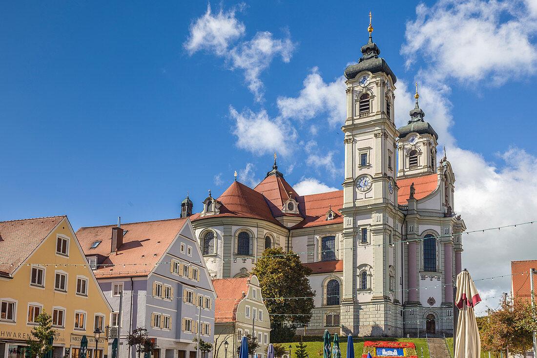 Market square and Basilica of St. Alexander and St. Theodor in Ottobeuren, Unterallgäu, Allgäu, Bavaria, Germany