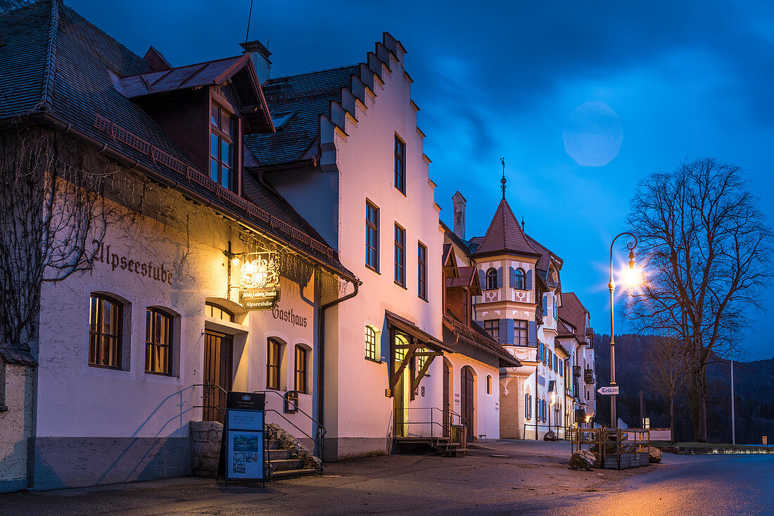 Historic Gasthaus Alpseestube near Hohenschwangau Castle in the evening, Schwangau, Allgäu, Bavaria, Germany