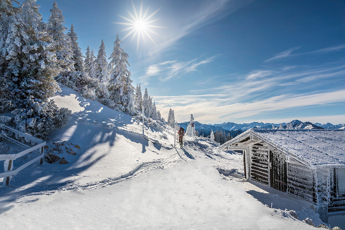 Schutzhütte und verschneiter Winterwald am Tegelberg im Ammergebirge, Schwangau, Allgäu, Bayern