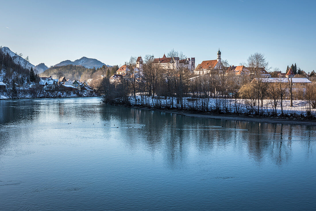 View from the Lech Bridge to the old town of Füssen, Allgäu, Bavaria, Germany