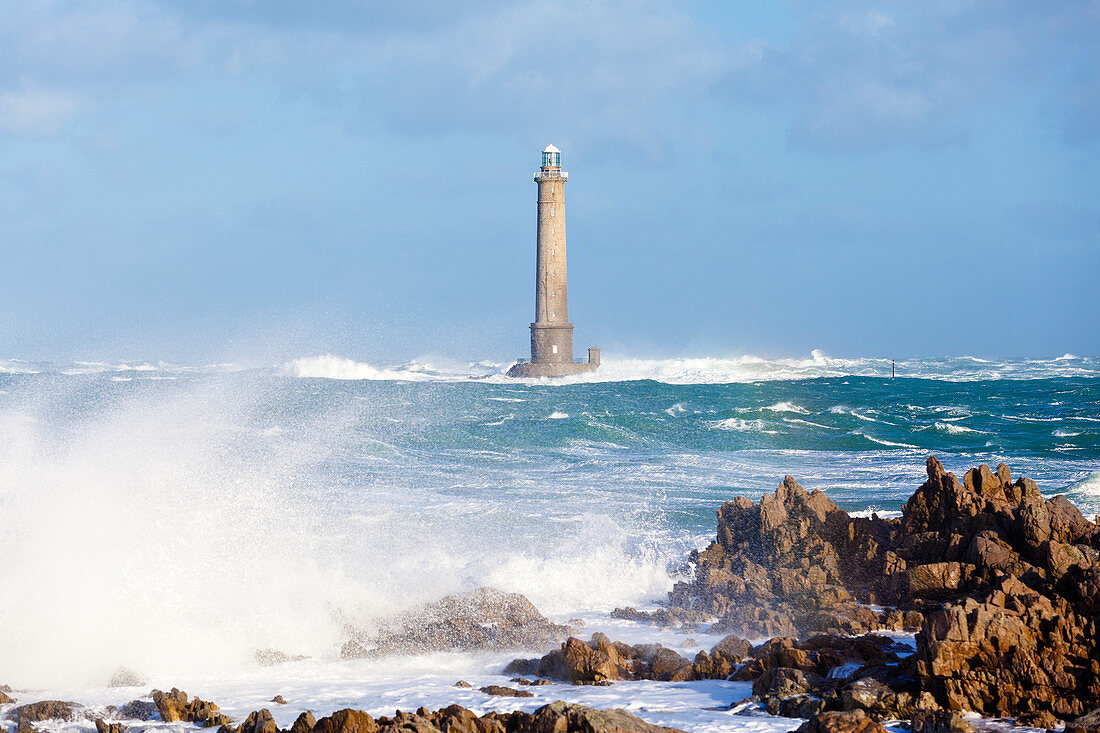 The lighthouse at Cap de la Hague during a winter storm.