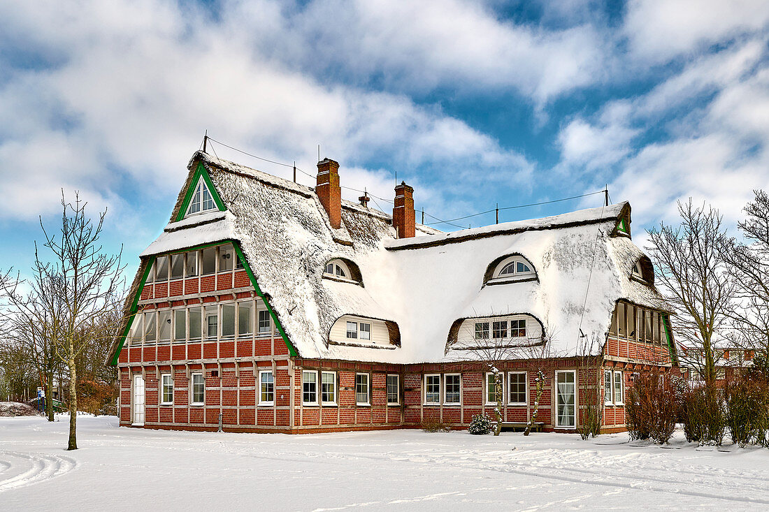 Verschneites Reetdachhaus, Dorum, Niedersachsen, Deutschland