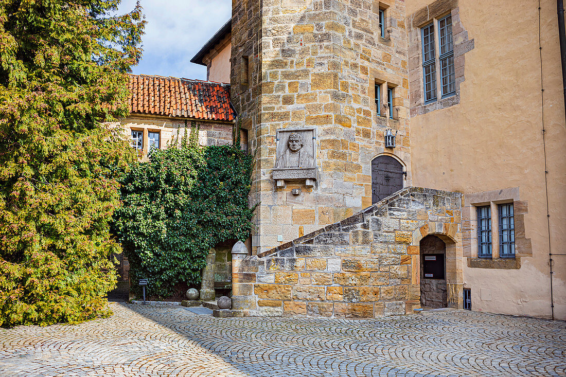 Stone kemenate in the outer courtyard of the fortress with bas-relief of Martin Luther, Coburg, Upper Franconia, Bavaria, Germany