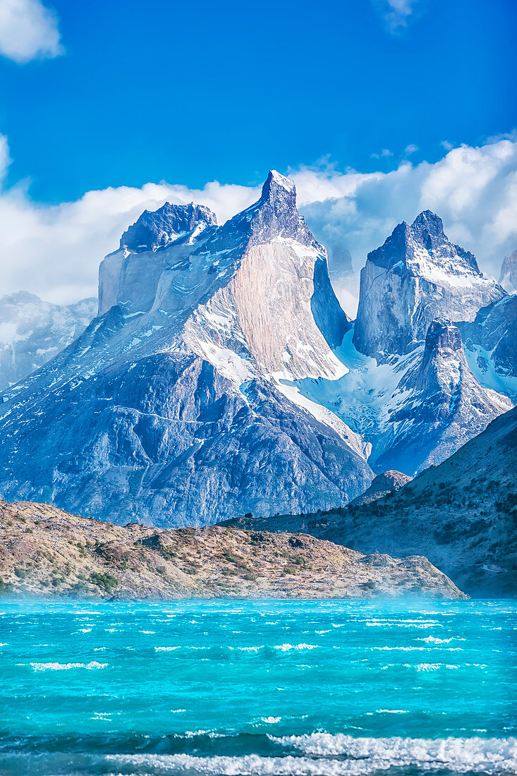 View of Horns of Paine mountains and Lake Pehoe, Torres del Paine National Park, Chile, South America
