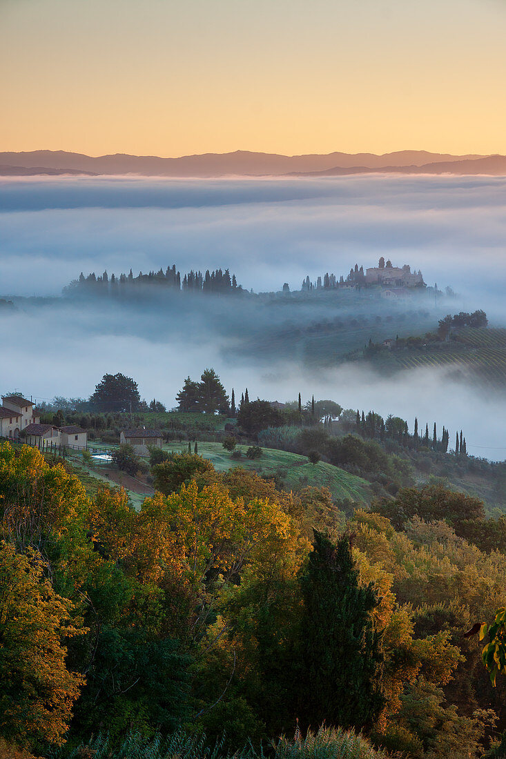 Foggy morning in autumn below San Gimignano, Tuscany, Italy, Europe