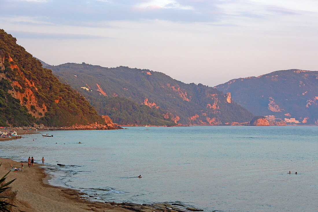 Glyfada Beach (also Glifada Beach) is located a little north of the village of Pelekas at the foot of the steep west coast, Pelekas, Corfu Island, Ionian Islands, Greece