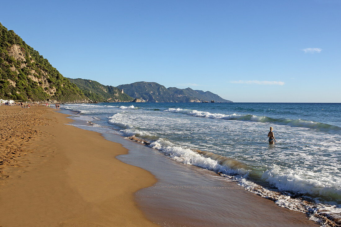 Glyfada Beach (also Glifada Beach) is located a little north of the village of Pelekas at the foot of the steep west coast, Pelekas, Corfu Island, Ionian Islands, Greece