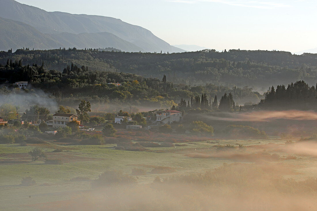 Morning mist over the Ropa Plain, Corfu Island, Ionian Islands, Greece