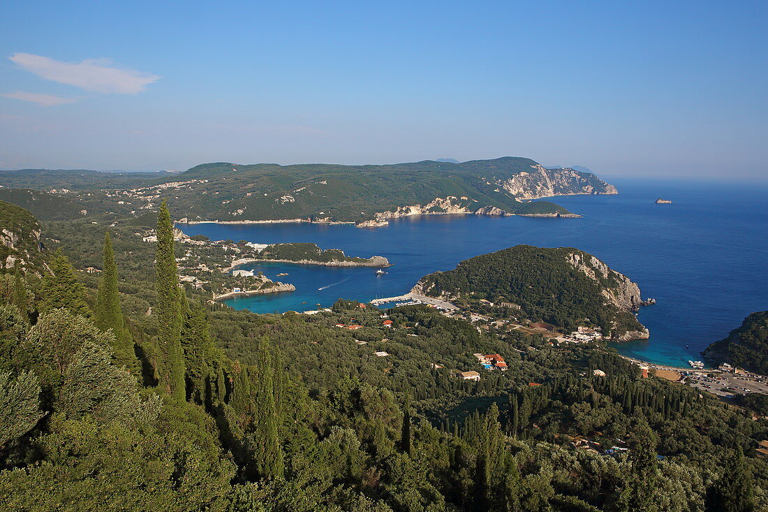 View from Lakonas over the bays of Paleokastritsa, Corfu Island, Ionian Islands, Greece