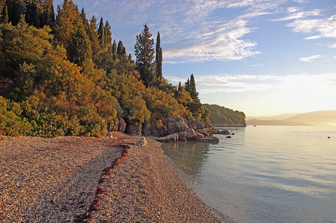 Sunrise at the small Agni Bay located on the northeast coast of the island of Corfu, Ionian Islands, Greece